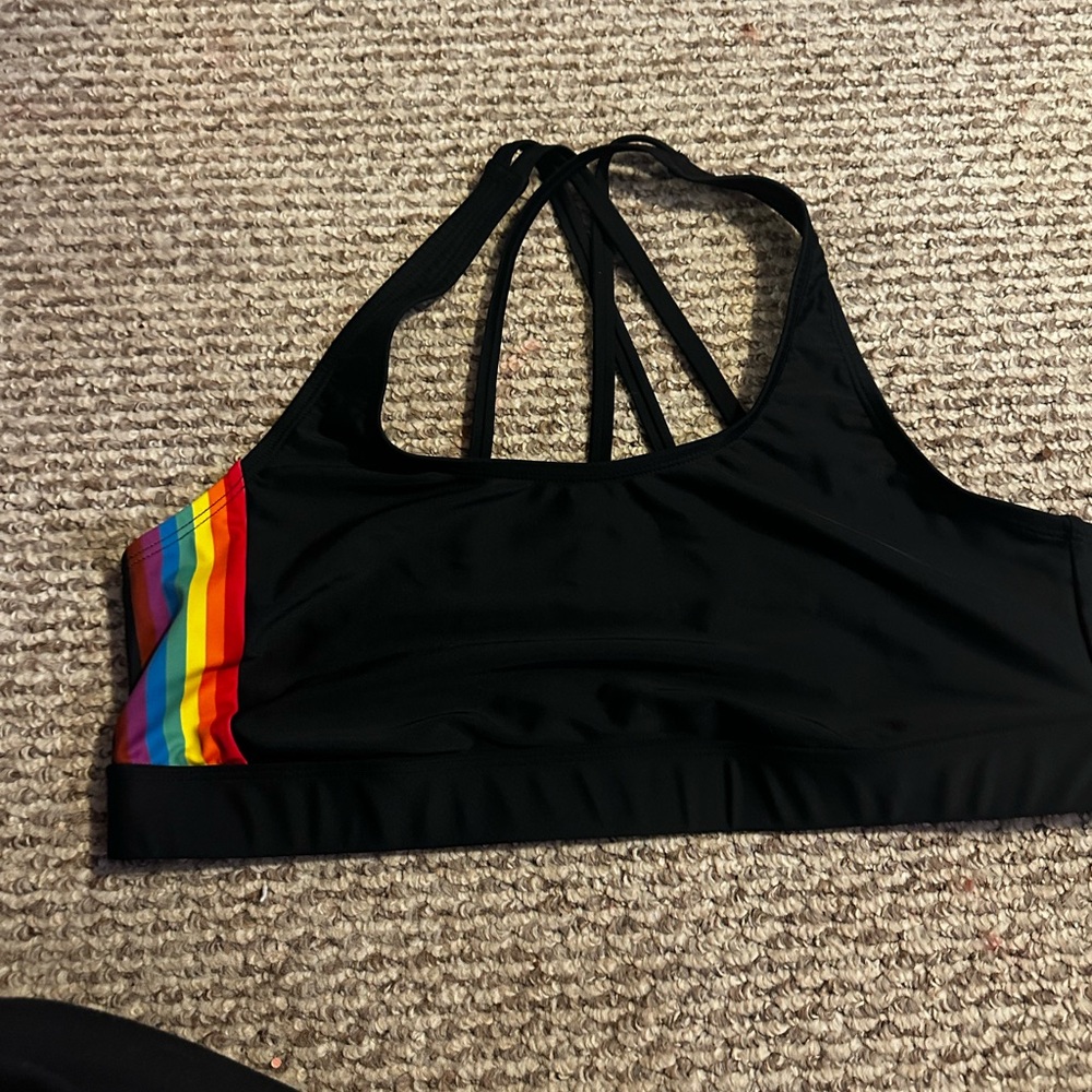 Humankind Black Sports Bra Swim Top and Shorts with Rainbow Stripes